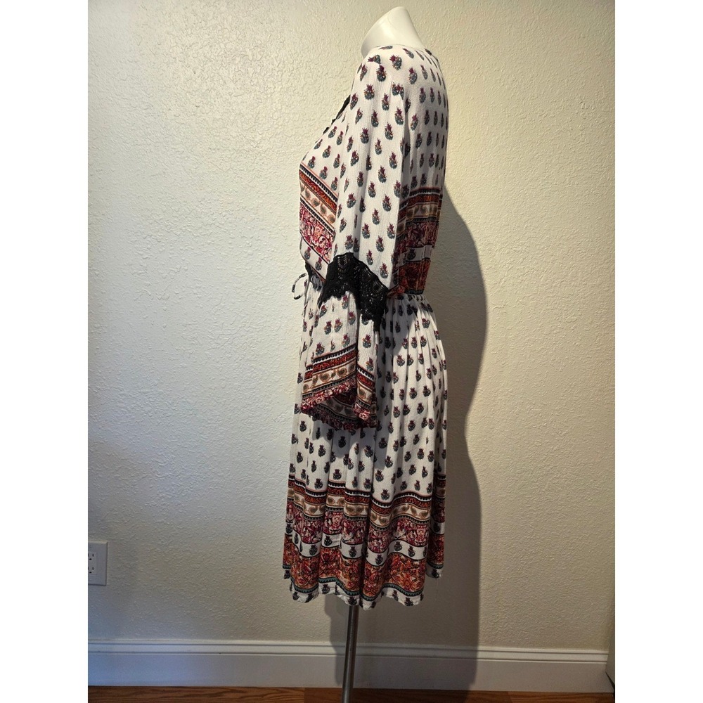 Sky‎ Blue Boho Floral Paisley Lace Trim Bell Sleeve Midi Dress Womens XL White
